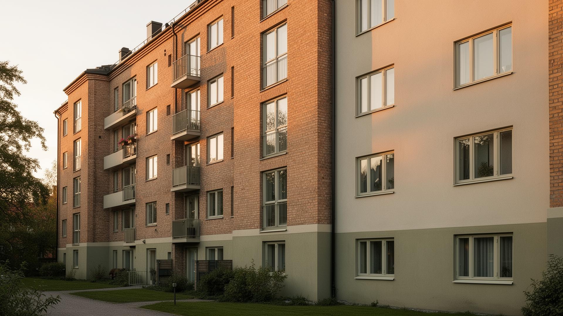 Fasad på flerfamiljshus i Sverige i kvällsljus